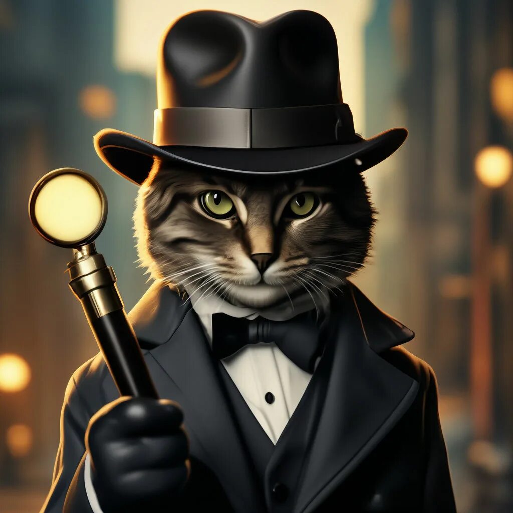 Кот детектив фото "The Feline Detective: A black cat in ." - image created in Shedevrum