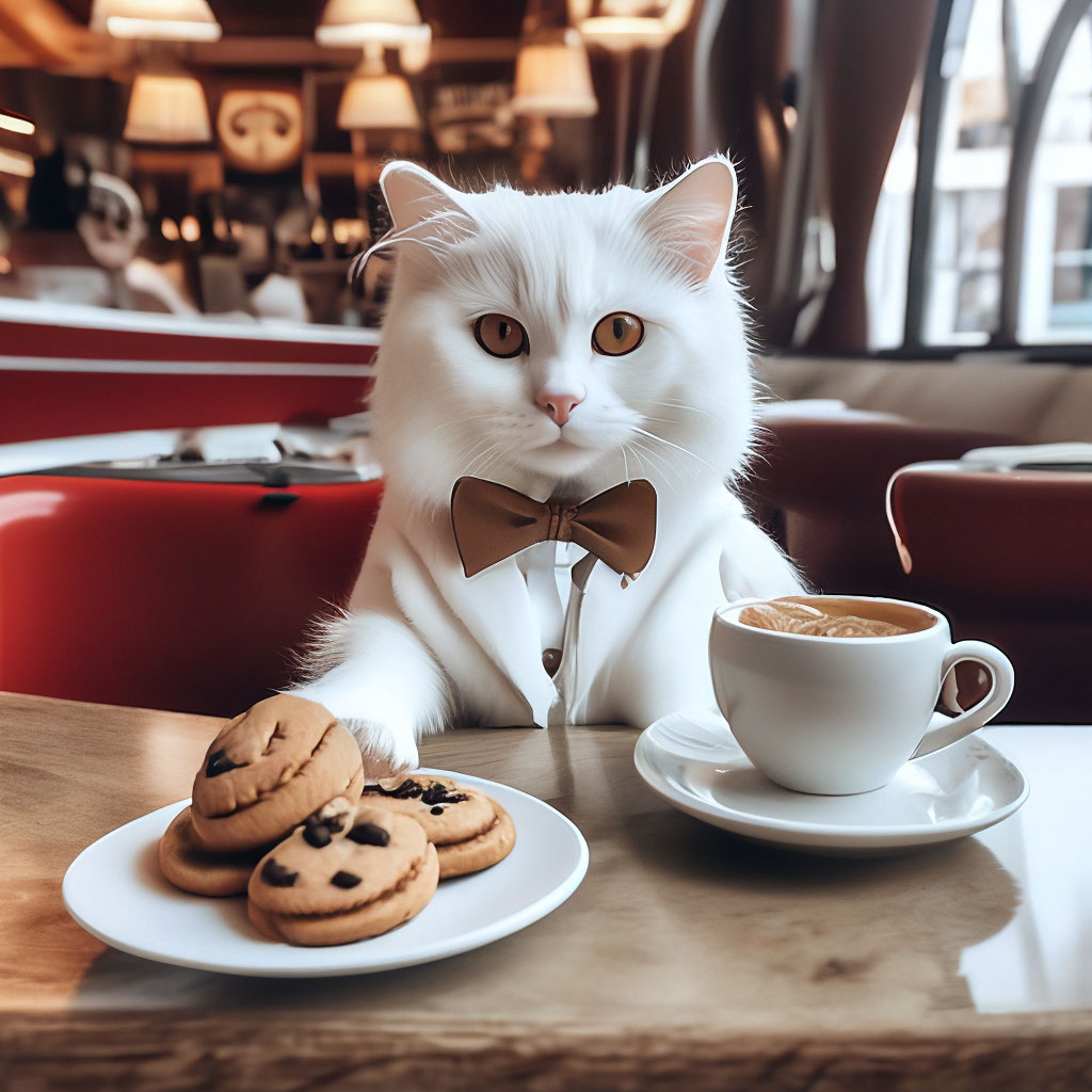 Кот и кофе фото "A white cat drinks coffee and cookies." - image created in Shedevrum