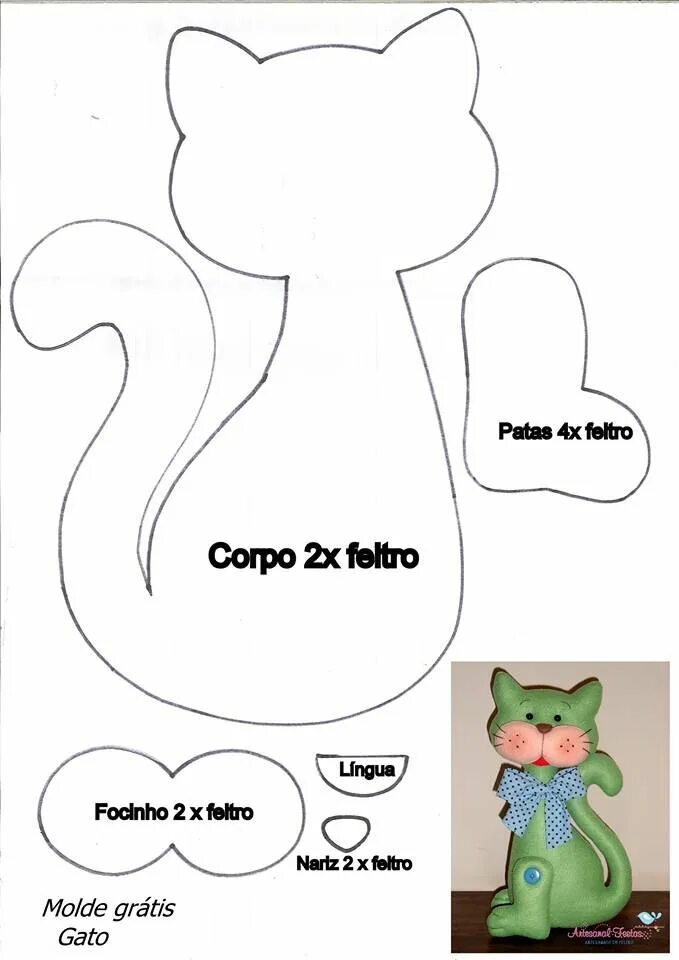 Кот из кожи выкройка Moldes de gatinhos criativos para imprimir e fazer - Feltro Fácil Gato de feltro