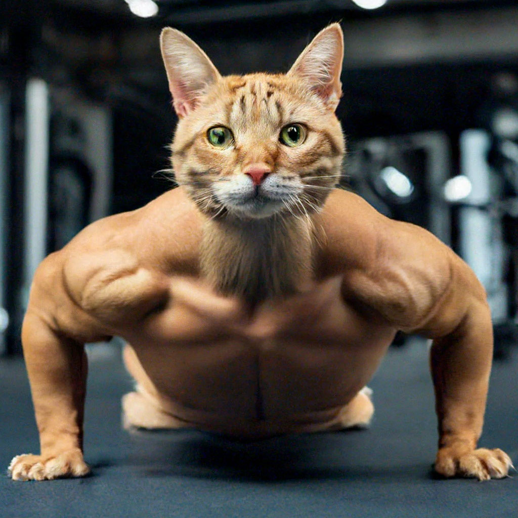 Кот качок фото "The pumped-up cat is doing push-ups" - image created in Shedevrum