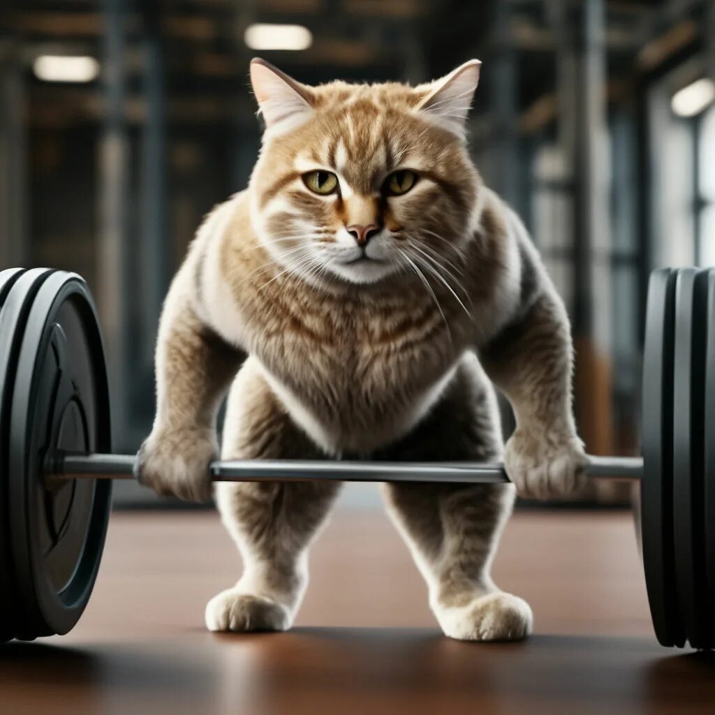 Кот качок фото "Cat. Jock lifts a huge barbell,." - image created in Shedevrum