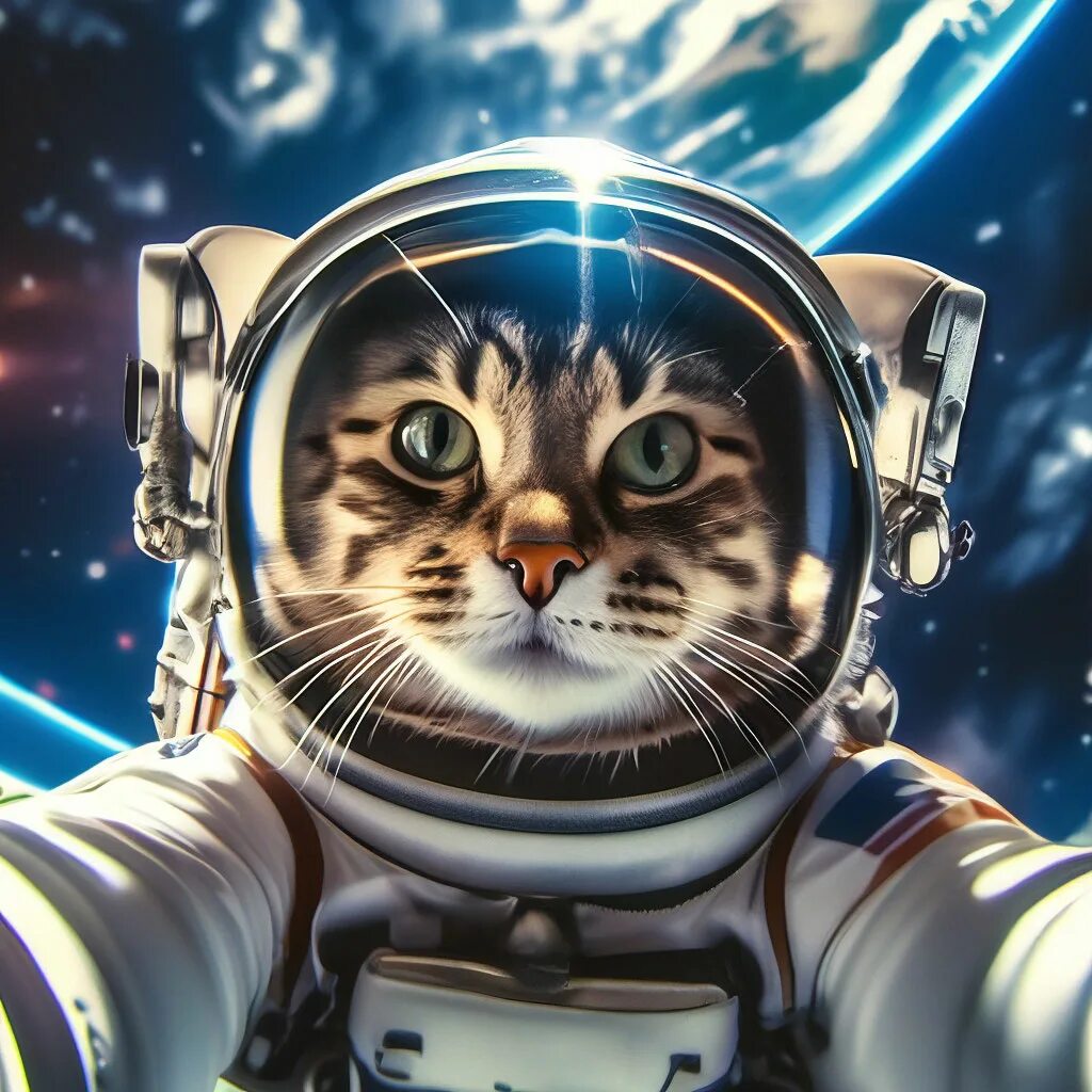 Кот космонавт фото "Cosmonaut cat takes a selfie in space." - image created in Shedevrum