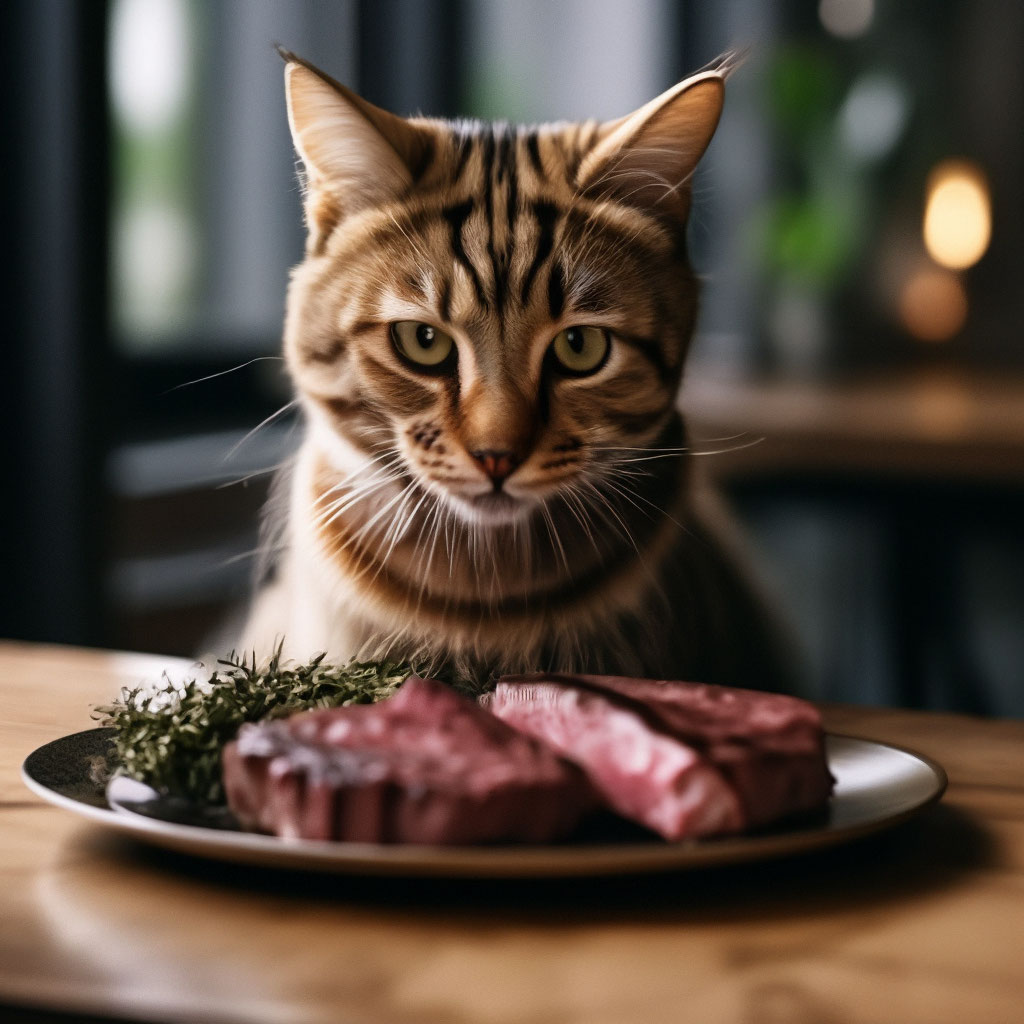 Кот кушает фото Котик кушает стейк" - картинка создана в Шедевруме