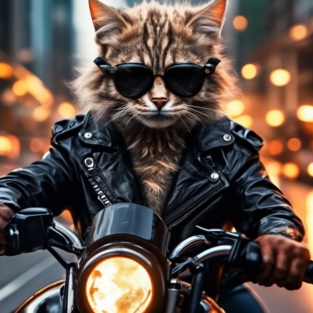 Кот на мотоцикле фото "Brutal cat on a motorcycle in a ." - image created in Shedevrum