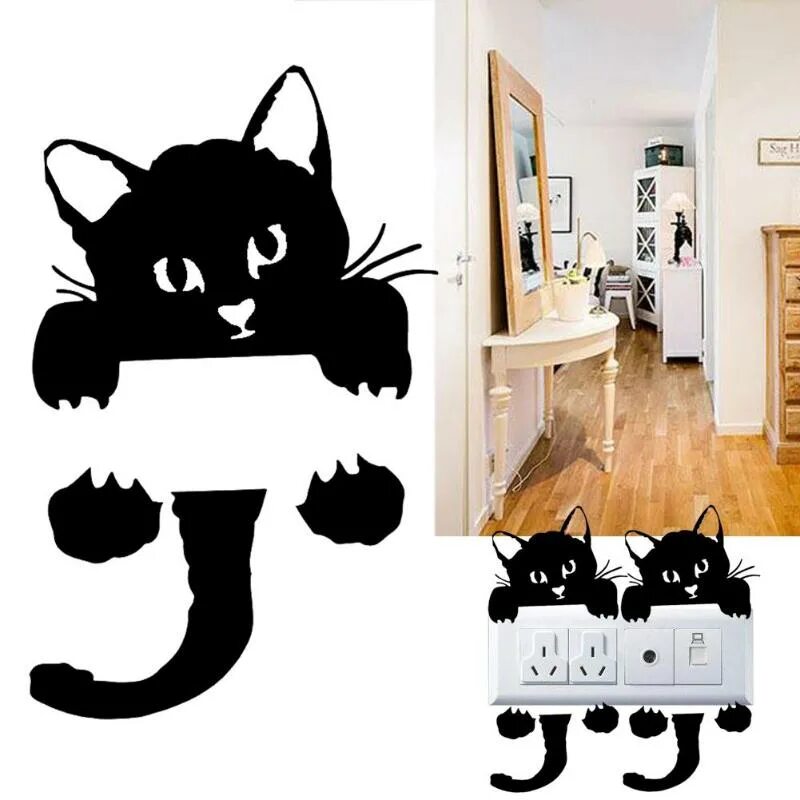 Кот на стену декор Little Black PVC Cat Print Living Room baby room Bedroom Switch door Wall Sticke