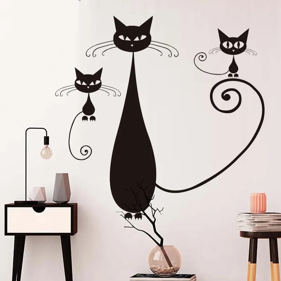 Кот на стену декор DIY домашний декор съемные виниловые сиамские кошки мать и котята настенные - От