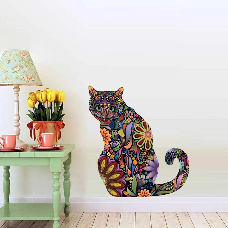 Кот на стену декор Art Design Floral Cat Wall Stickers Pets Animal Big Cats Wall Decals Removable P