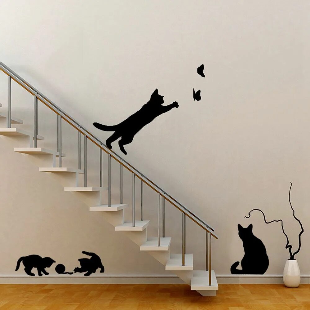 Кот на стену декор Street Light Removable Decoration Cat Play Butterflies Decals For Bedroom Cats W