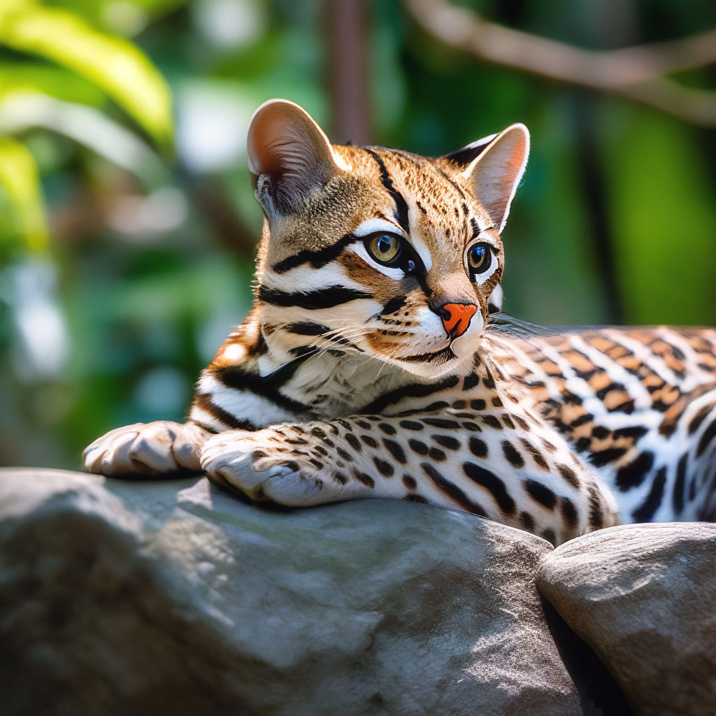 Кот оцелот фото "The ocelot cat is lying on a rock" - image created in Shedevrum