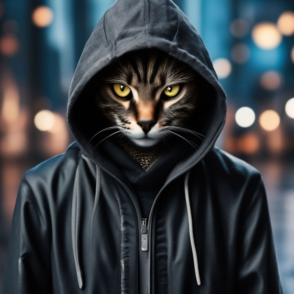 Кот в капюшоне фото "A cat with a human body in a hood and." - image created in Shedevrum