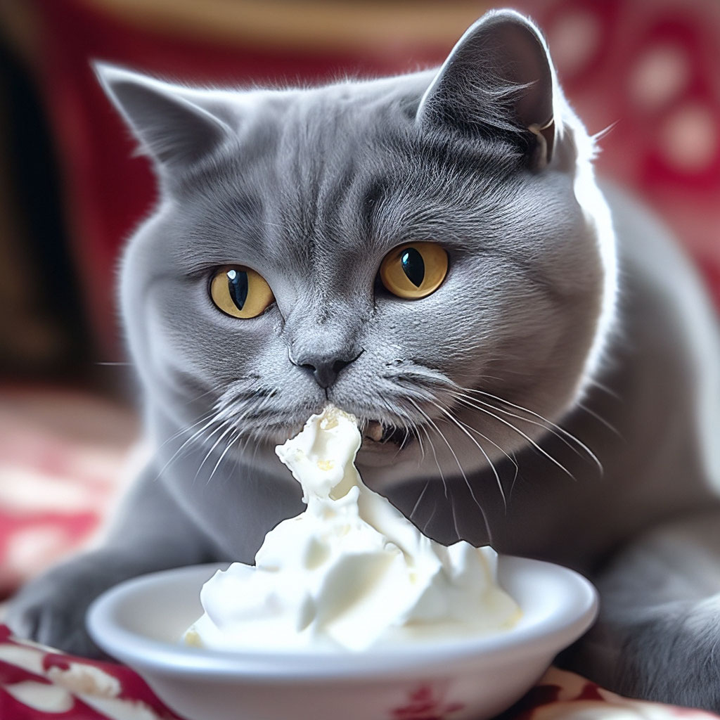 Кот в сметане фото "@This, a grey British cat eats sour ." - image created in Shedevrum