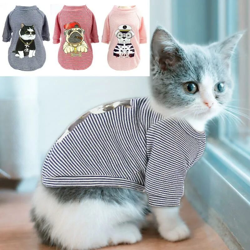 Котенка одежда фото Cat Clothes Cool Spring/Summer Cat T-shirt Printed Cat Shirts Soft Cotton Kitty 