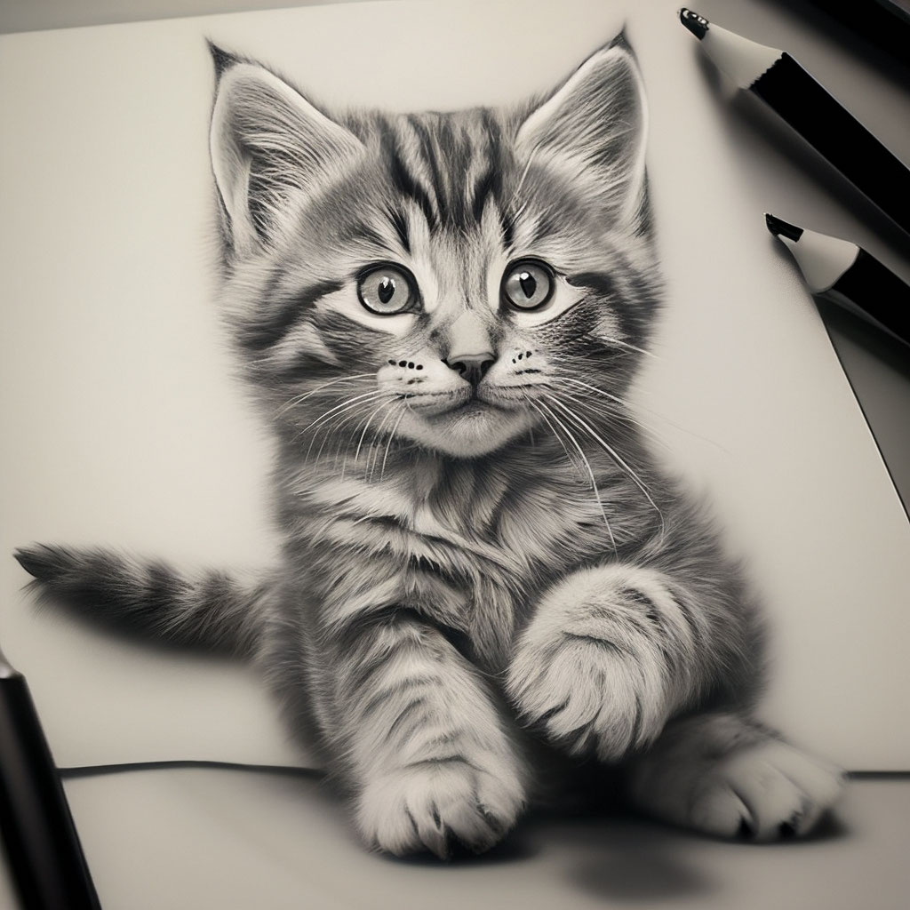 Котенок карандашом фото Игривый котенок, рисунок карандашом" - картинка создана в Шедевруме