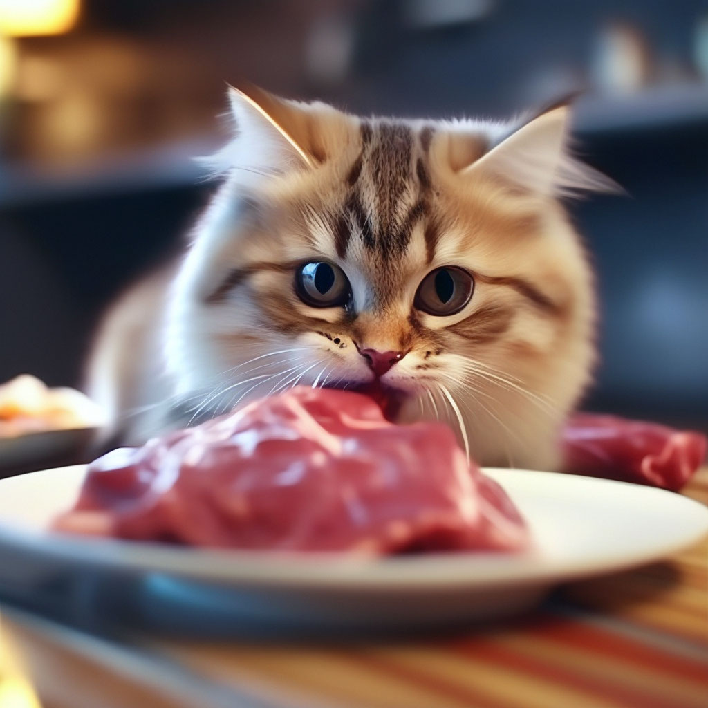 Котик кушает фото "Cat eats meat cute fluffy with ." - image created in Shedevrum