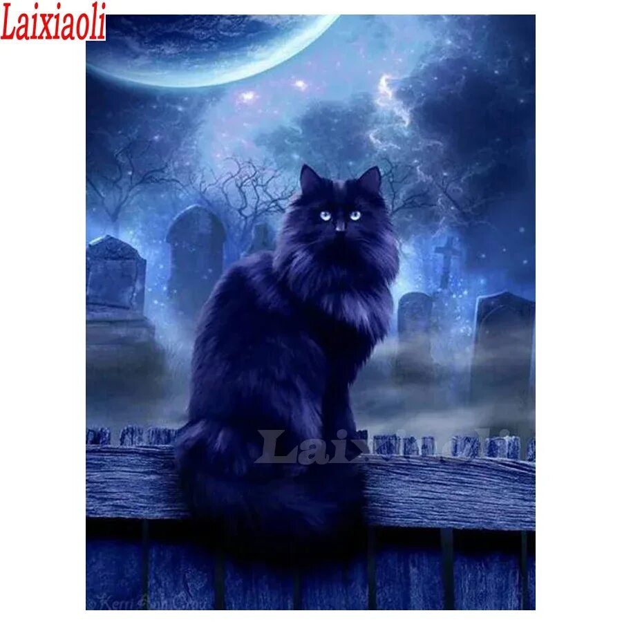 Котик над луной фото Алмазная живопись "сделай сам", квадратная/круглая вышивка крестиком в виде черн