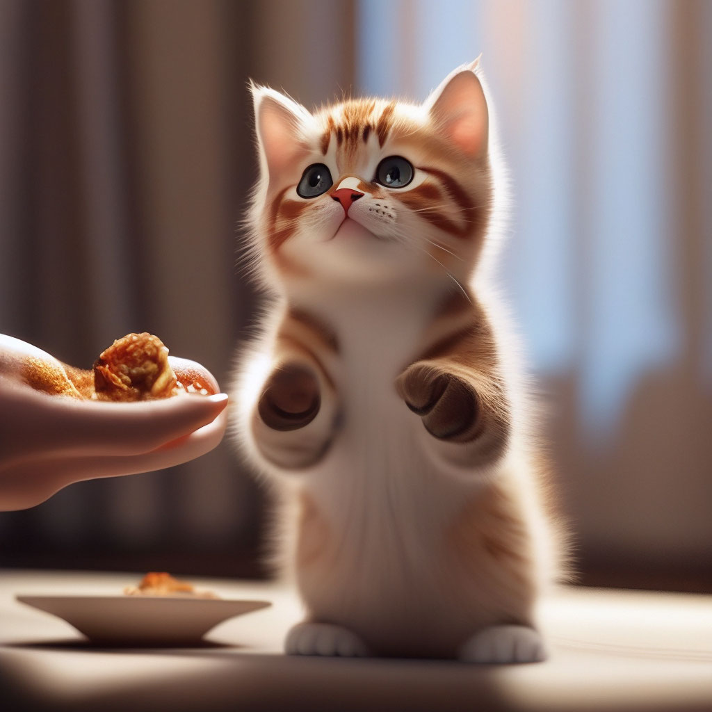 Котик просит фото "Cute cat asks for food standing on ." - image created in Shedevrum