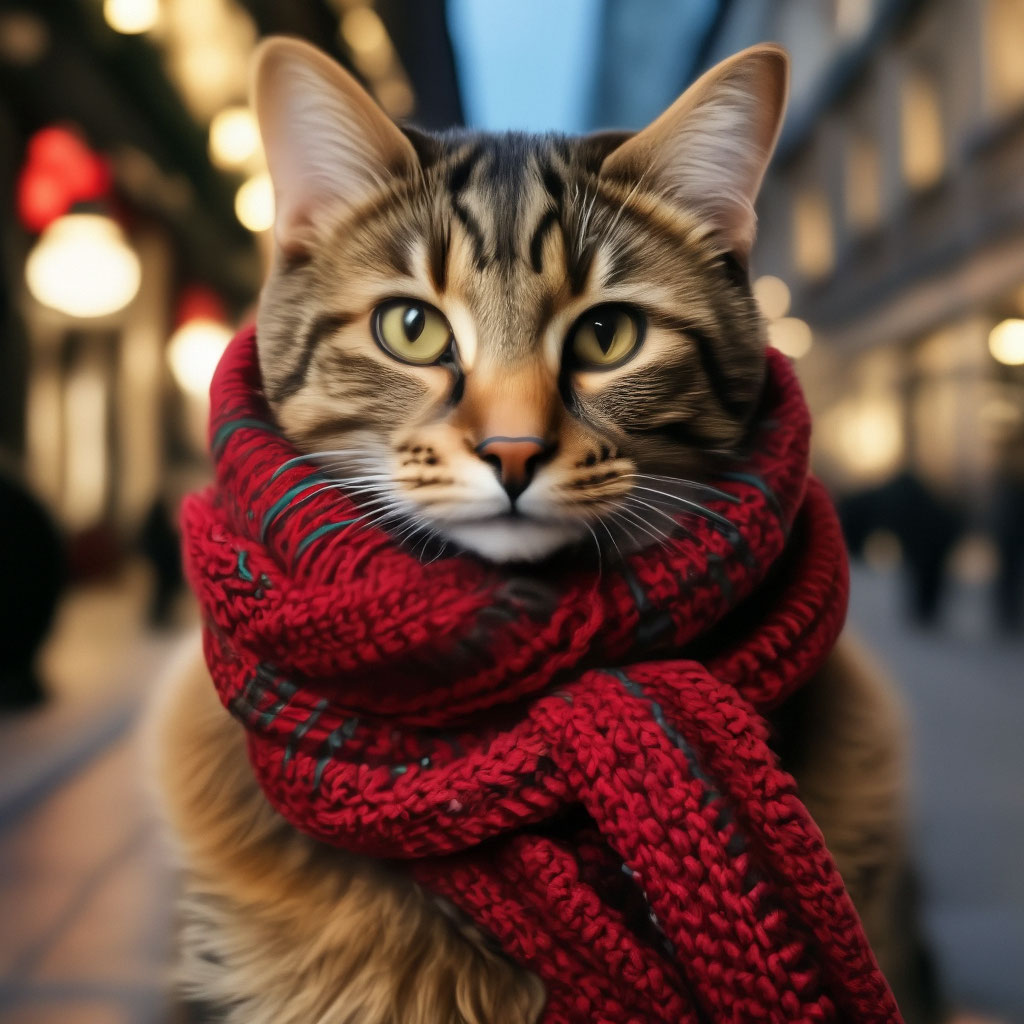 Котик в шарфике красивое фото "A cat in New Year's London in a scarf" - image created in Shedevrum