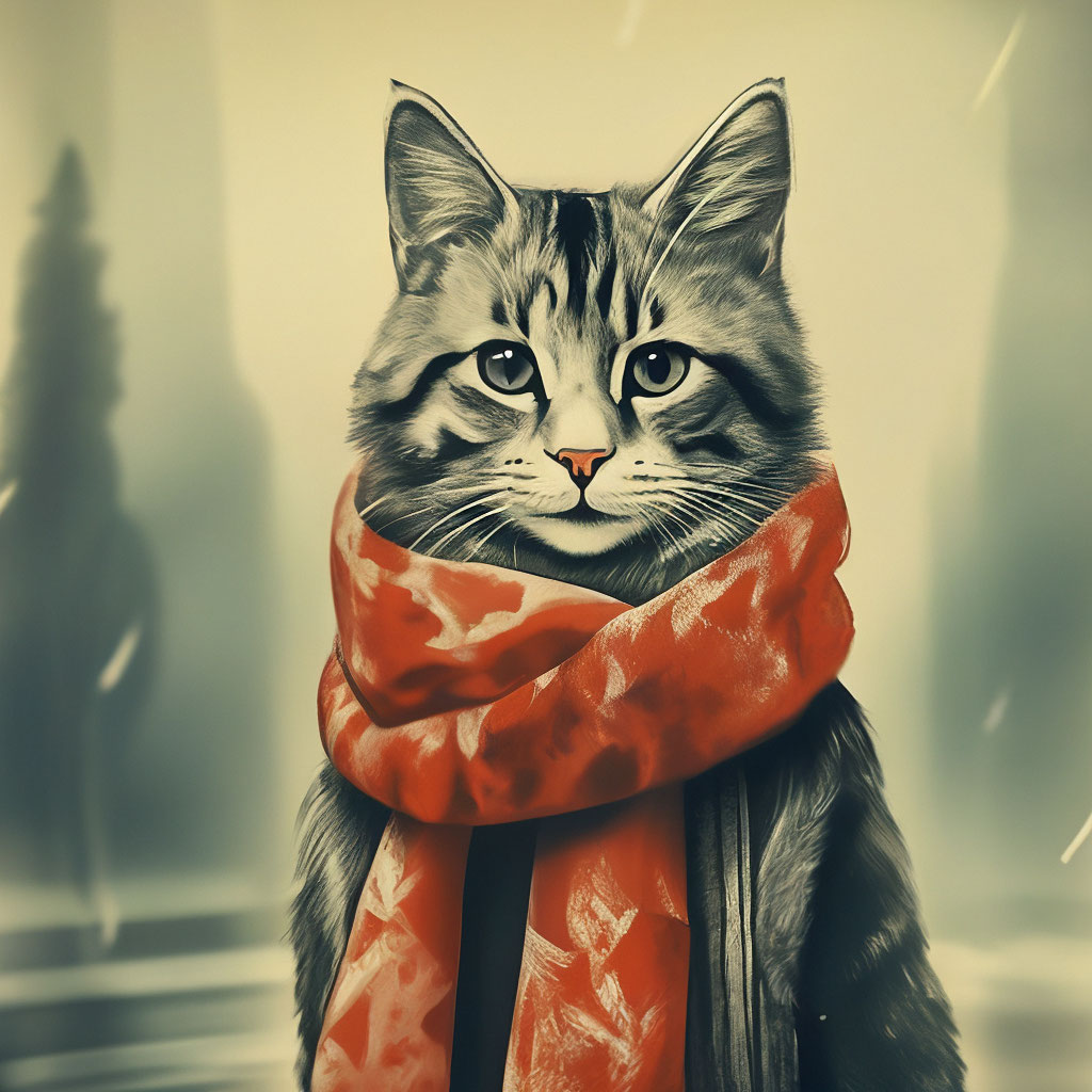 Котик в шарфике красивое фото Котик в шарфе, на фоне туманного ." - картинка создана в Шедевруме