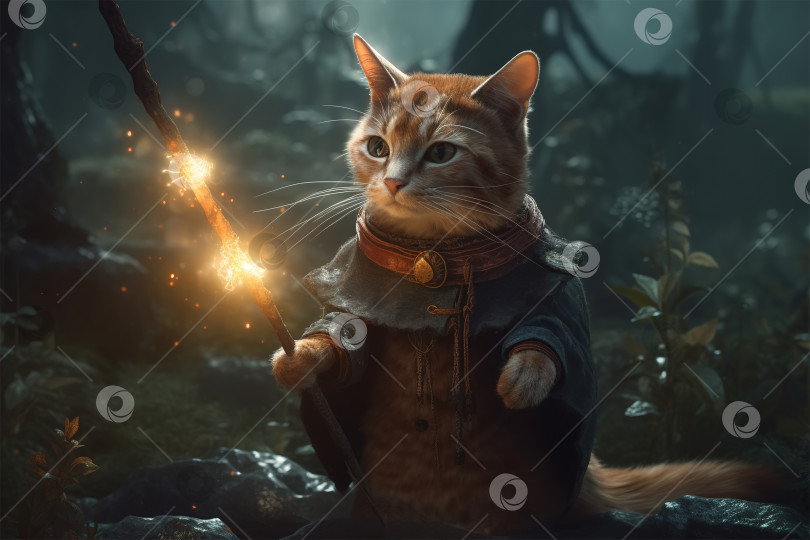 Котик волшебник фото Милый кот-волшебник, фантастическая иллюстрация к животным. Питомец-воин в манти