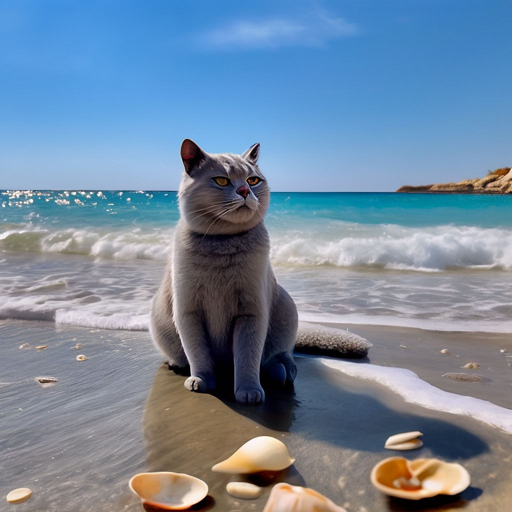 Котики на море фото "Grey British cat on the Mediterranean." - image created in Shedevrum