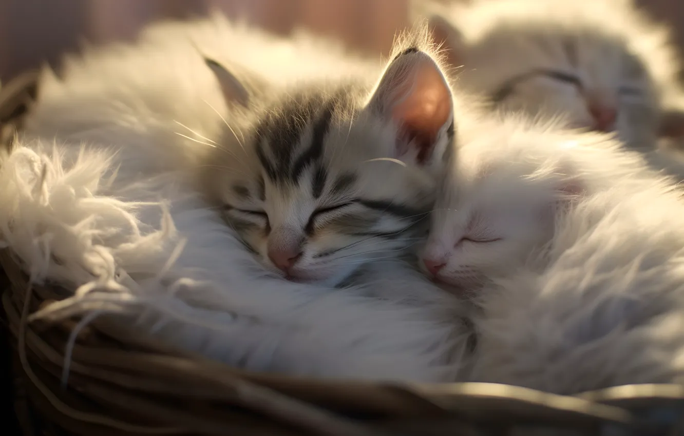Котики вместе фото Обои белый, свет, кошки, котенок, вместе, сон, котята, мех на телефон и рабочий 