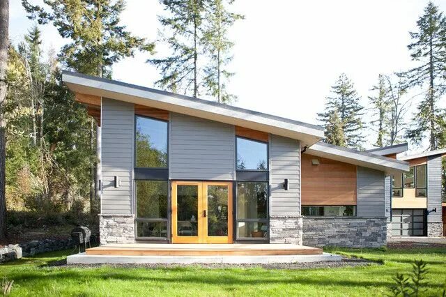 Коттедж с односкатной крышей фото georgia pacific vinyl siding Exterior Contemporary with glass door grass gray Co