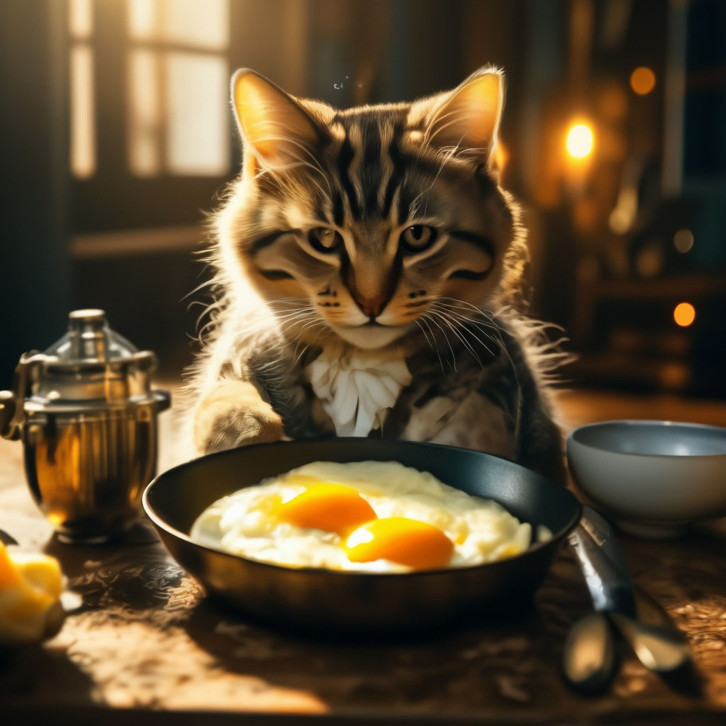 Коты едят фото Котик кушает на завтрак яичницу, ." - картинка создана в Шедевруме