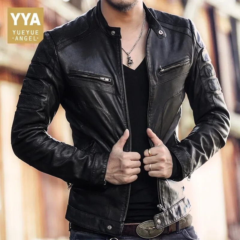 Красивые мужские кожаные куртки фото Italy Motorcycle Men Washed Goat Genuine Leather Short Jacket Slim Fit Sheepskin