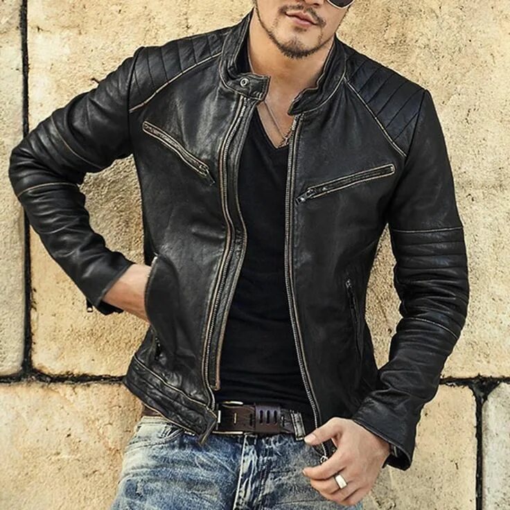 Красивые мужские кожаные куртки фото Men's Biker Zipper Genuine Leather Jacket