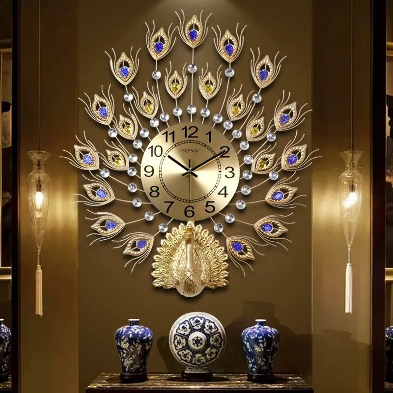 Красивые настенные часы фото Peacock wall clock European-style household hall silent wall watch electronic de
