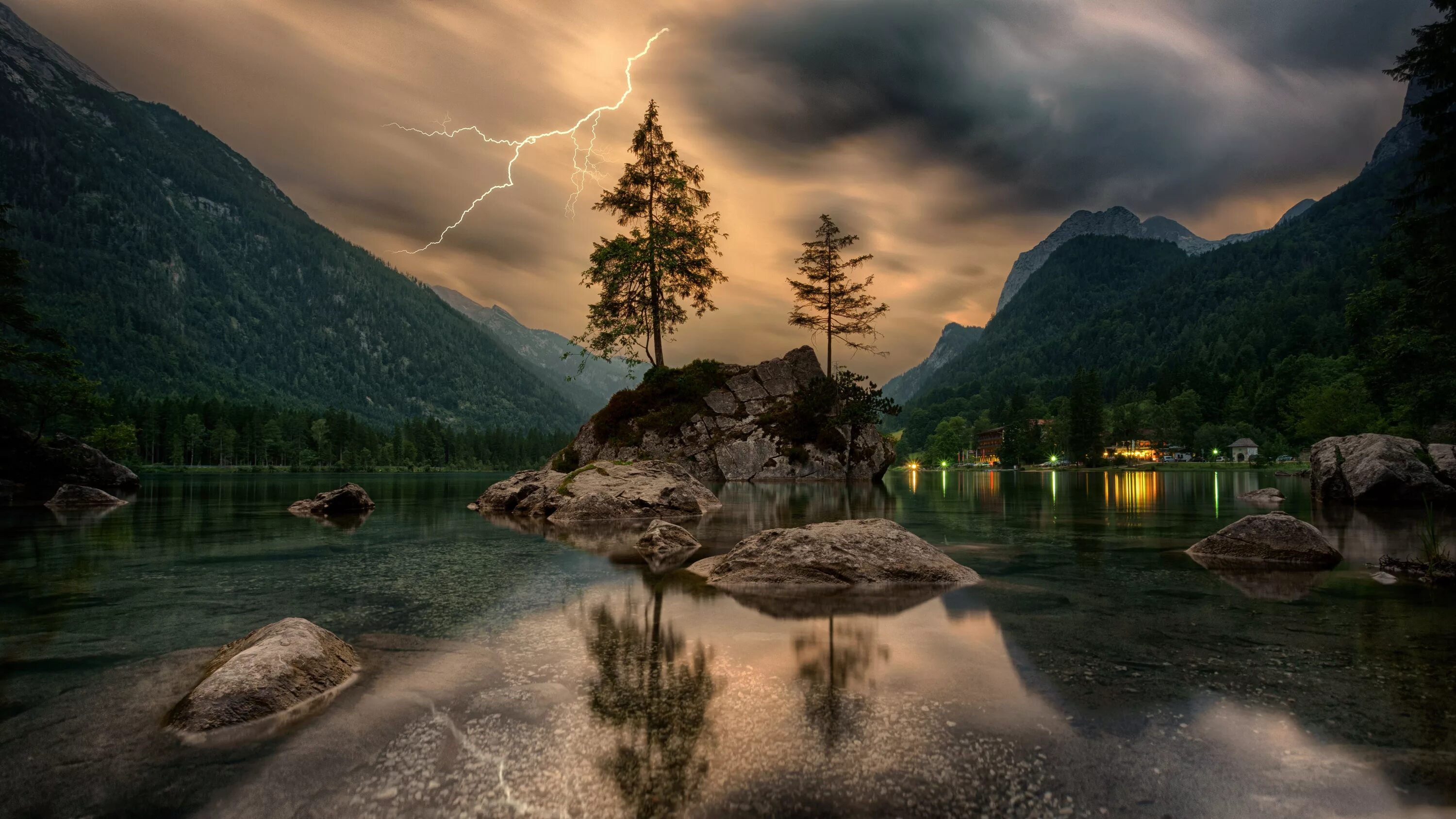 Красивые обои на андроид фото Wallpaper : trees, water, clouds, lightning, nature, forest, Slovenia 5757x3238 