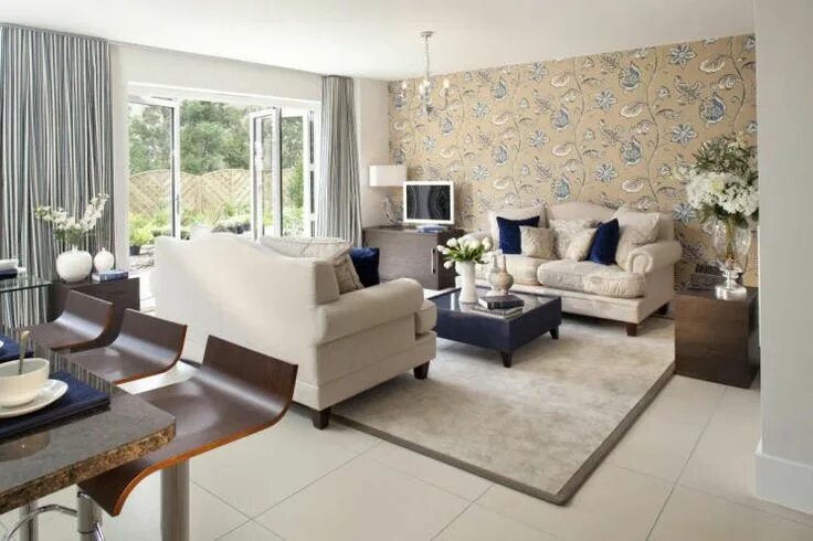 Красивые обои в гостиную фото дизайн Blue and beige living room Feature wall living room, Wallpaper living room, Carp