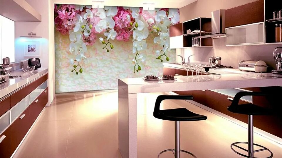 Красивые обои в интерьере кухни Фотообои на кухню на стену: фото, 3д для кухни, 3d к красной кухне