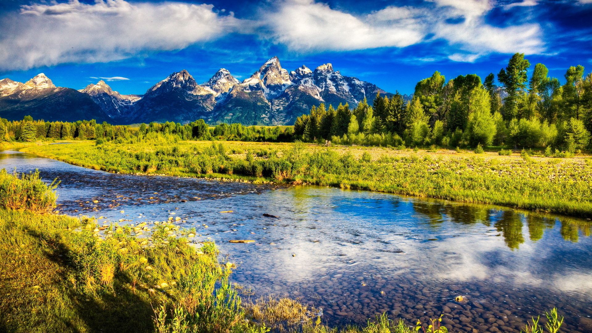 Красивые пейзажи фото высокого разрешения скачать Download wallpaper 1920x1080 river, mountains, bottom, stones, brightly, sky, tr
