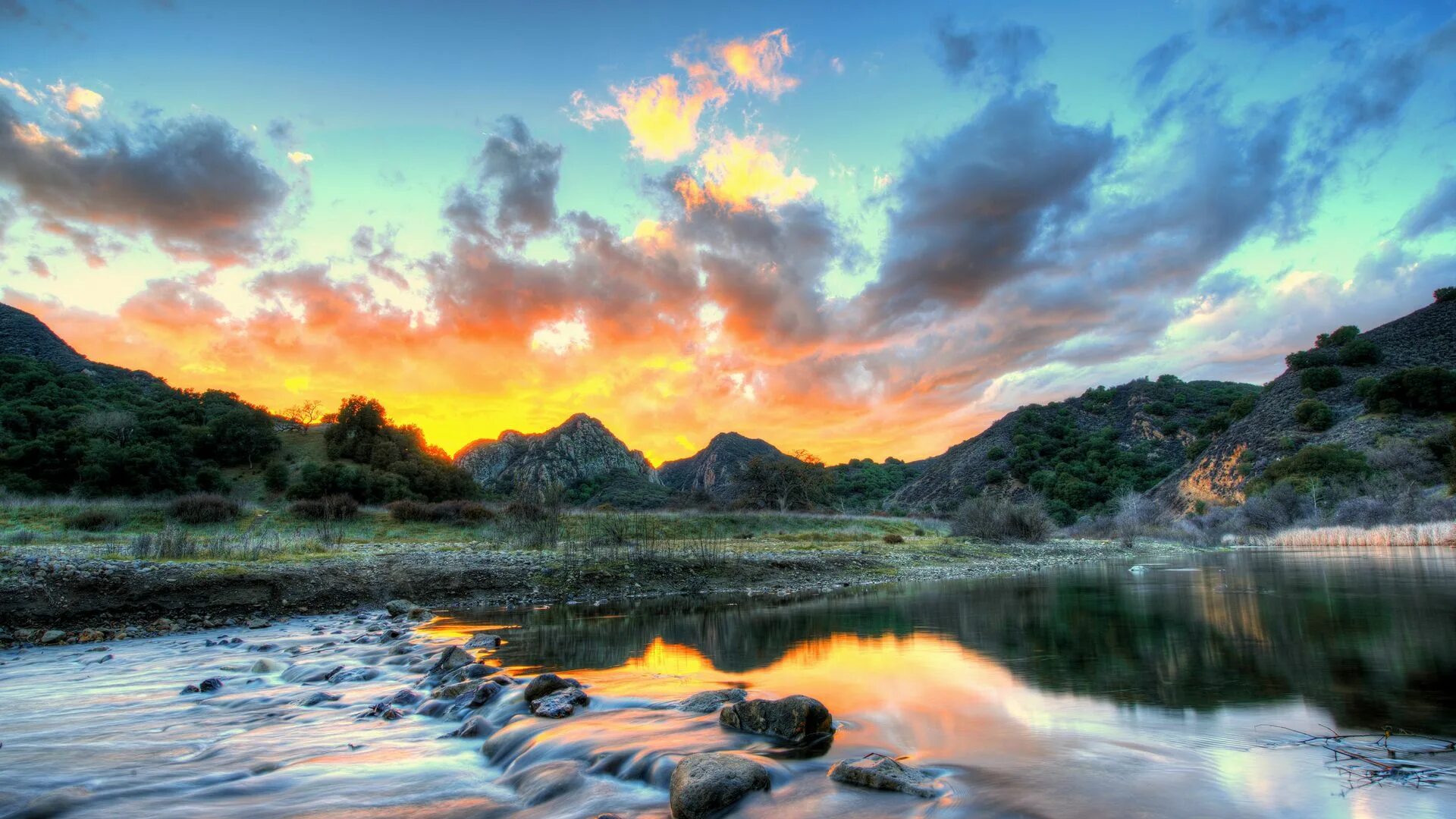 Красивые пейзажи природы фото скачать бесплатно Download wallpaper 1920x1080 landscape, usa, river, sky, malibu, california, clo