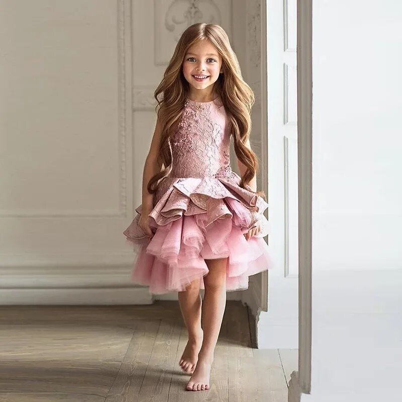 Красивые платье девочке фото Flower Girls Dresses For Weddings Pink Lace Ruffles O-neck Ball Gown Sleeveless 