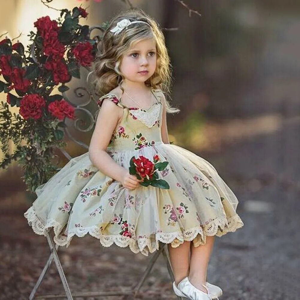 Красивые платье девочке фото Sweet Floral Dress Girls Square Collar Cup Sleeve Summer Mesh Princess Dresses e