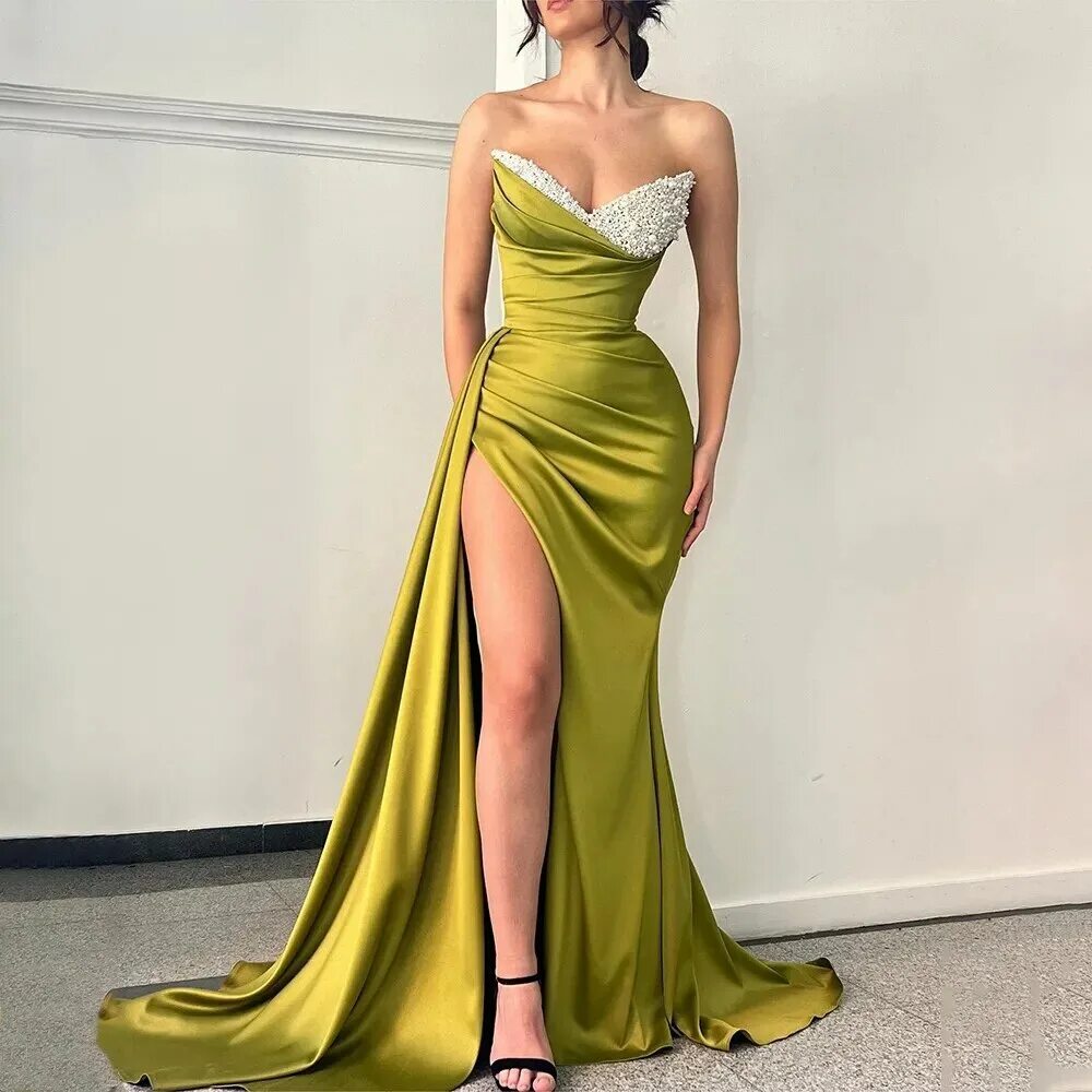 Красивые платья 2024 фото Arabic Evening Dresses with Train Beaded Sweetheart Mermaid Evening Gown Satin S