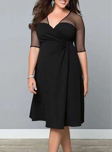 Красивые платья для женщин фото Plus Size Midi Dress - Black &#x2F; Mesh Shoulder and Sleeves &#x2F; V Neck Плат