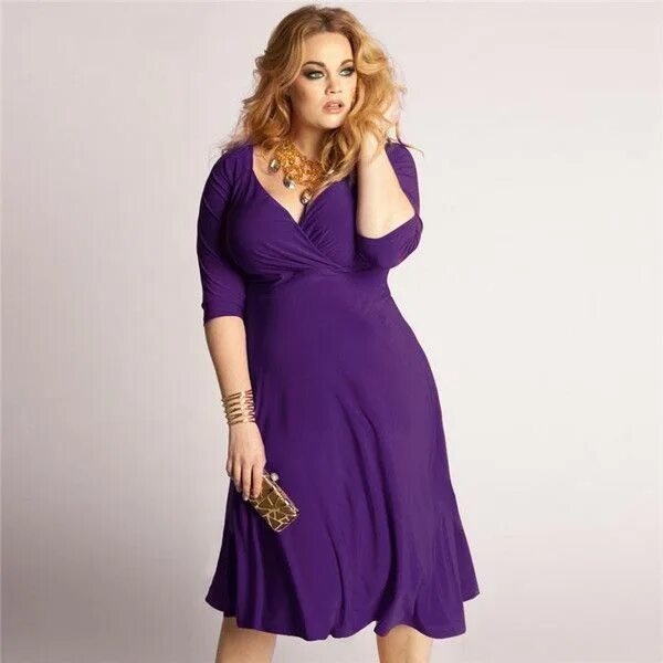 Красивые платья для женщин фото "BignTrendy Series" VNeck Cotton Blend 3/4 Sleeves Knee Length Dress - #bigntren