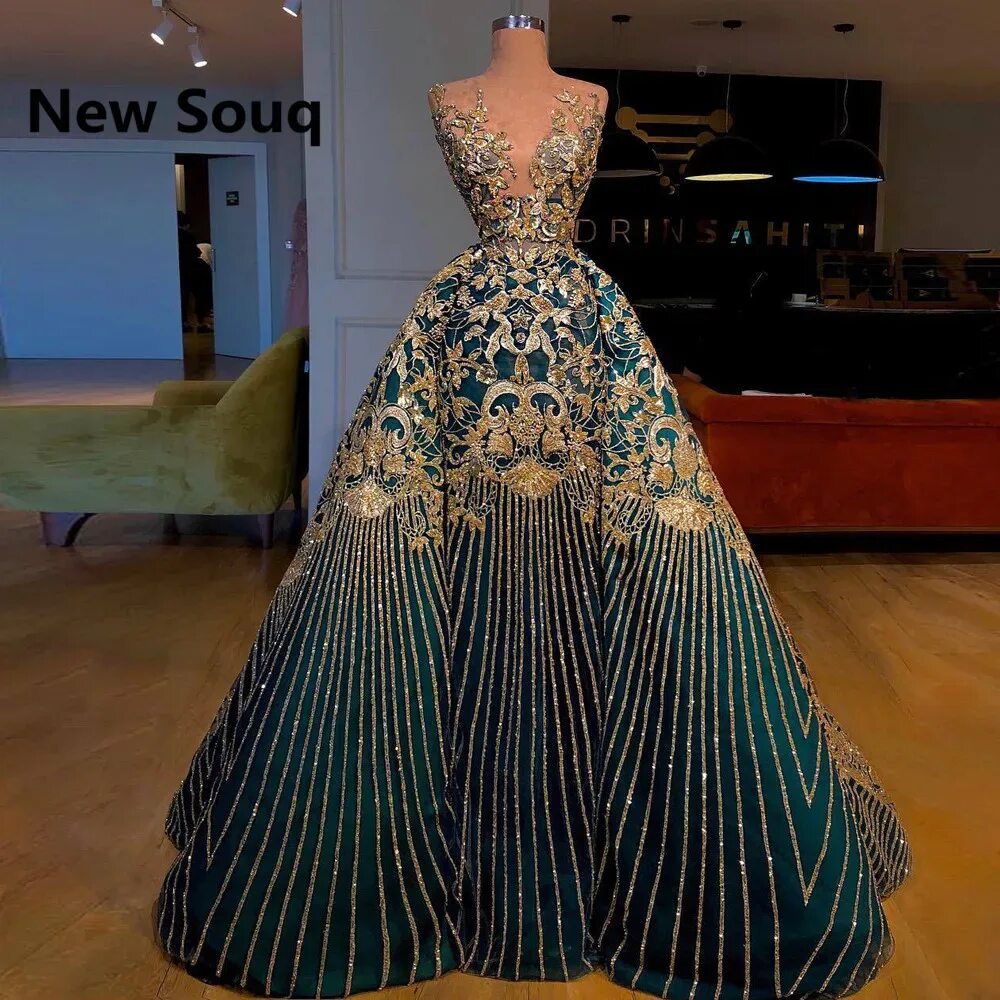 Красивые платья мира фото Elegant Golden Sequin Applique A-line Evening Dresses With Detachable Skirt Illu