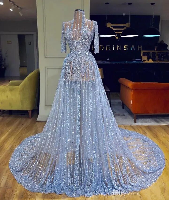 Красивые платья мира фото Высокая Шея Sparkly A Line Пром Платья Роскошные Половина Рукава Бисером Вечерне