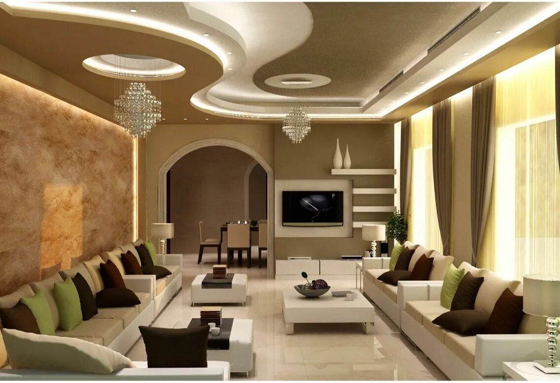 Красивые потолки для зала фото дизайн Gypsum ceiling design with cornice and concealed lights strip. #Interior #design