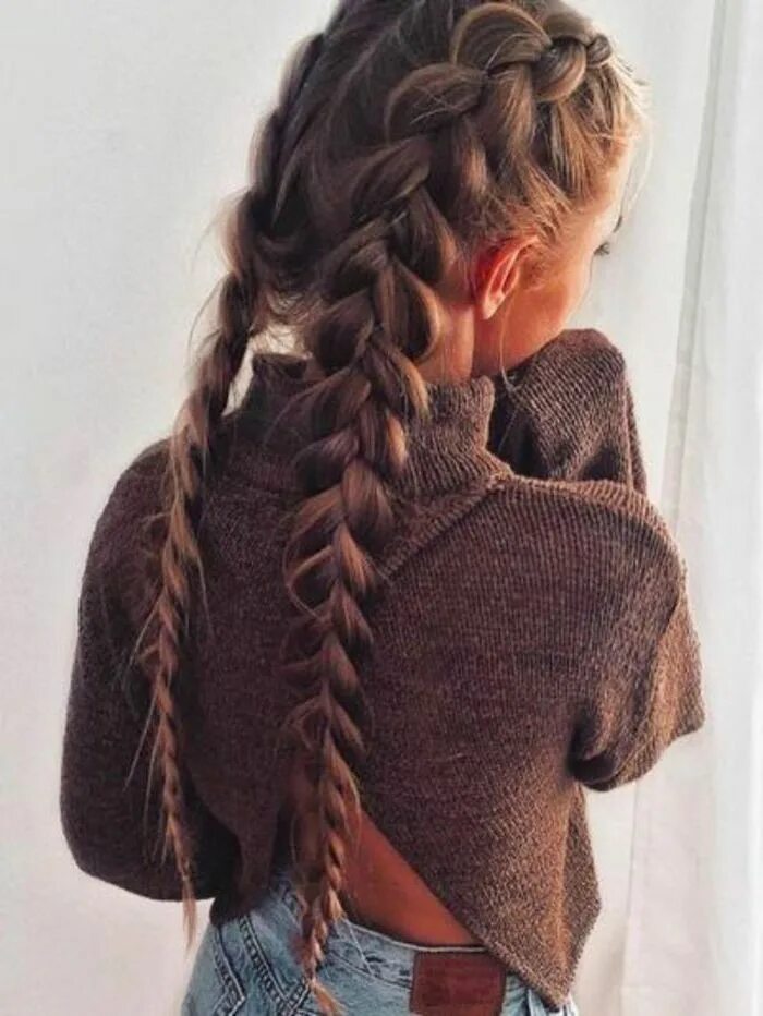 Красивые прически две косички braid hairstyles for long hair, brown hair, two side braids, brown sweater, blue