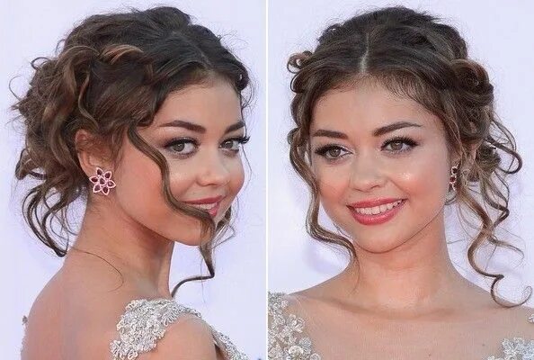 Красивые прически на лице Sarah Hyland's Curly Tendrils Prom hair, Curly hair styles, Short hair styles