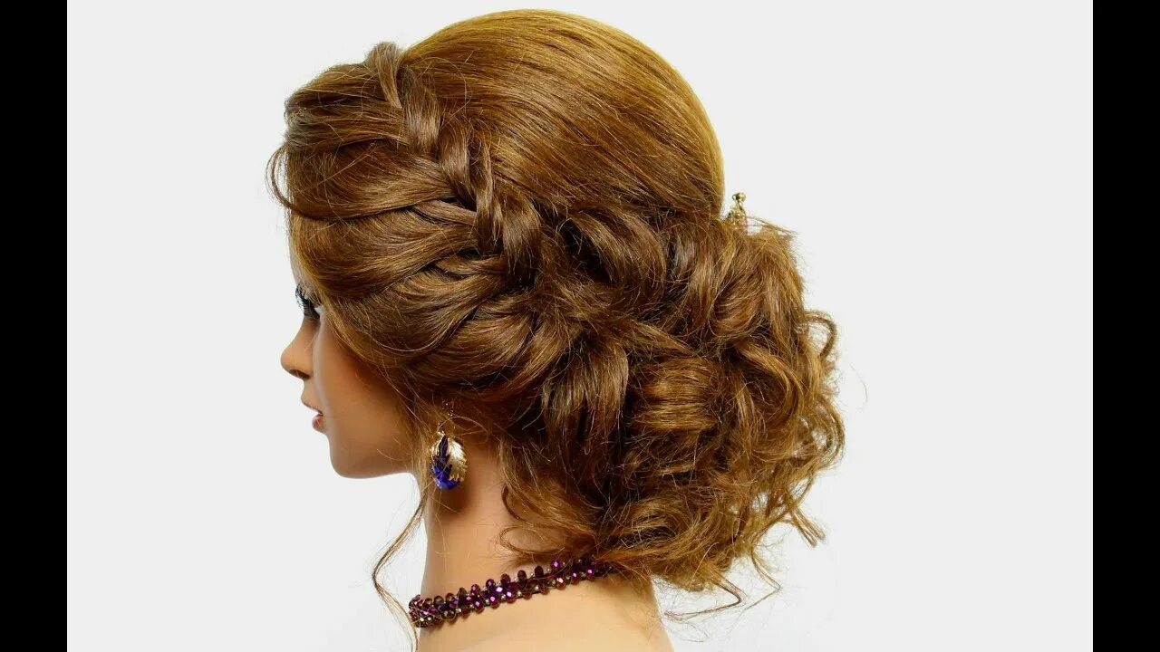Красивые прически на средние на праздник Hairstyle for long hair tutorial. Prom updo with braid - YouTube