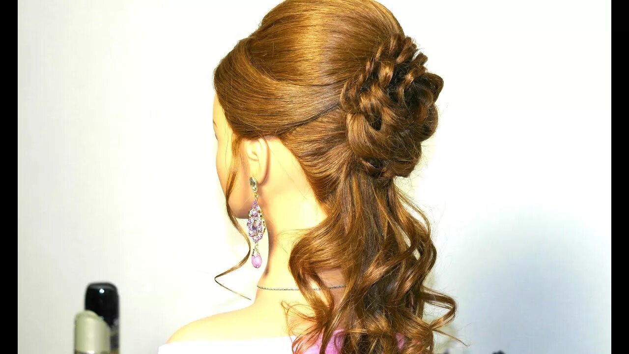 Красивые прически видео Prom hairstyle for long hair with braided flower. - YouTube