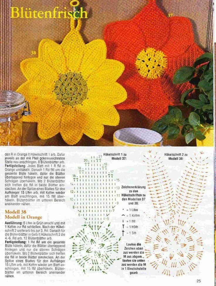 Красивые прихватки крючком со схемами и описанием Patterns and motifs: Crocheted motif no. 1732 Padrões de crochet natal, Girassol