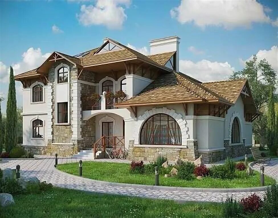 Красивые проекты коттеджей фото 474м2, 21х19м) Готовый проект двухэтажного дома дома из кирпича с мансардой и те