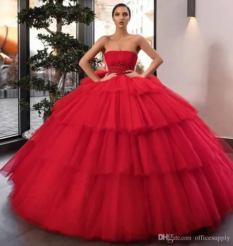 Красивые пышные платья фото Красное Мяч Платье Quinceanera, Многоуровневое Из Бисера, Кружевные Аппликации Б